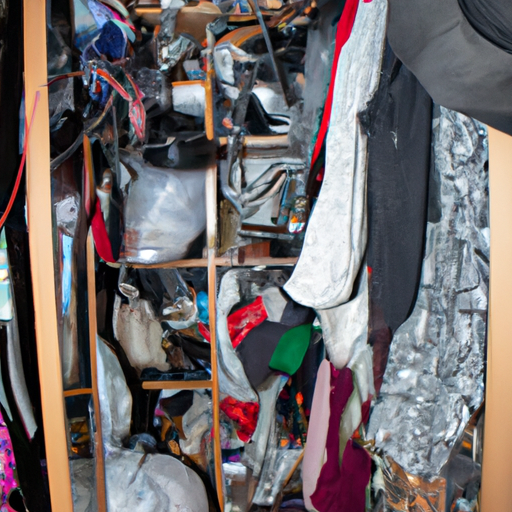 A messy closet full of things.