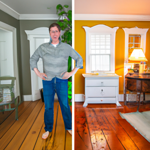 A split shot of a homeowner confidently decorating his own home, one half showing a beautifully decorated room and the other a cluttered and unattractive space.