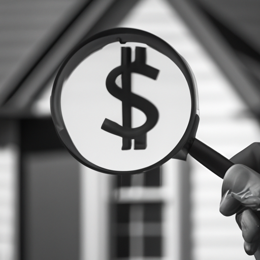 A man holding a magnifying glass over a house and holding a dollar sign above it.