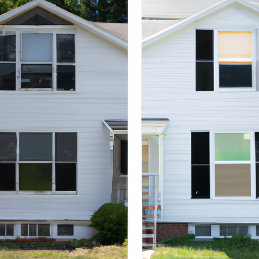 A before-and-after image showing a dilapidated house transformed into a modern, energy-efficient home with repaired walls, new windows and a fresh coat of paint.