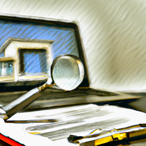A magnifying glass hovers over a stack of property documents and a laptop displaying a real estate website.