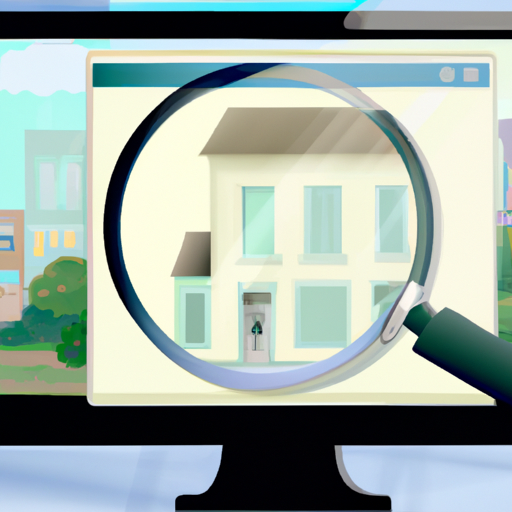A computer screen showing a map with a magnifying glass above a house, symbolizing the ease of finding property information online.