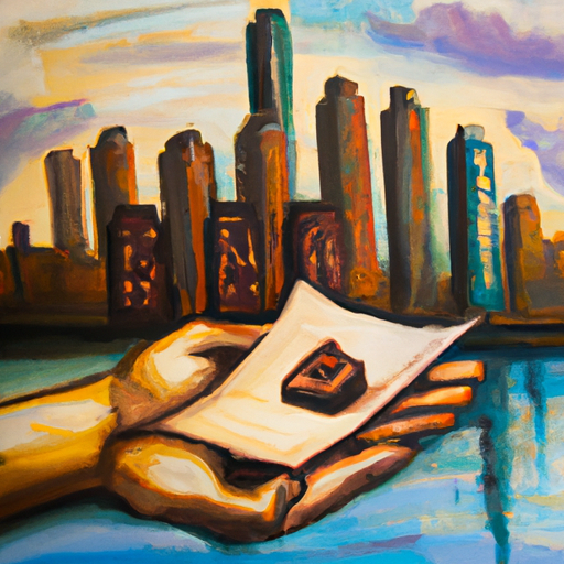 Close-up of a man's hand holding a property deed with the city skyline in the background, symbolizing the connection between local resources and property.