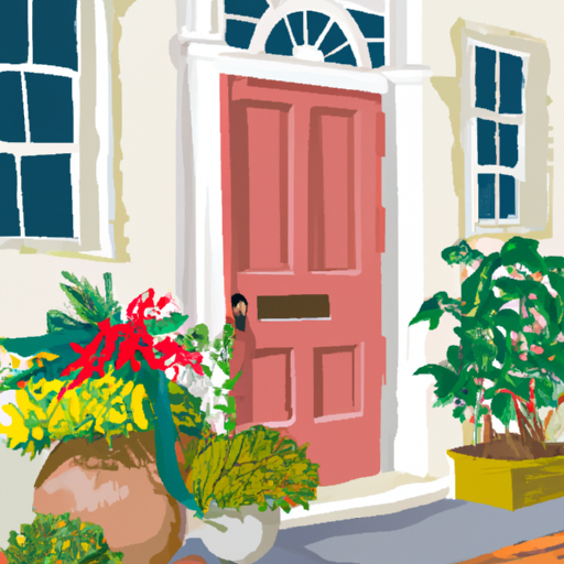 A manicured front garden with a freshly painted front door and flowering potted plants.