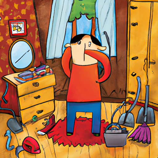 The owner of the house cleans the cluttered room.