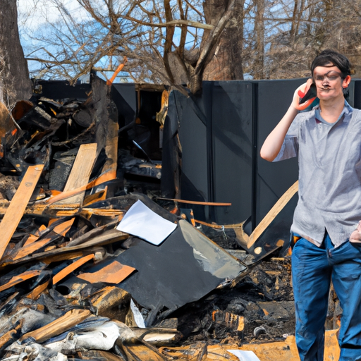 Surrounded by charred debris, a homeowner holds a stack of papers and talks on the phone with an insurance adjuster.