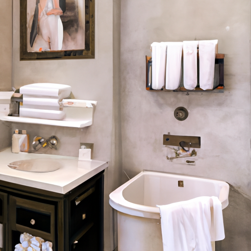A beautifully designed bathroom with plush towels, stylish accessories and elegant artwork.
