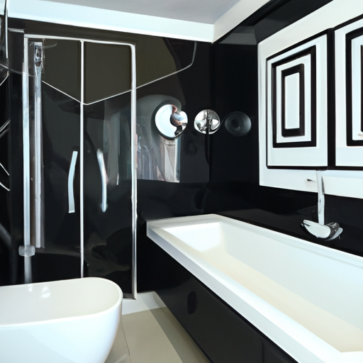 Sleek modern bathroom with glass and chrome materials in bright black and white colors.