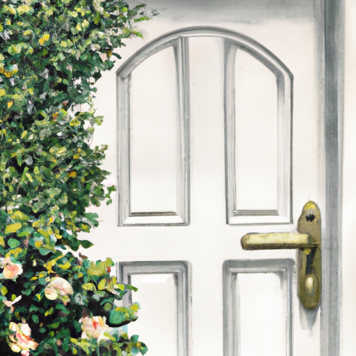 A close-up shot of a pristine white front door with a shiny brass doorknob, surrounded by fresh flowers and a neatly trimmed hedge, representing a well-maintained and attractive exterior.