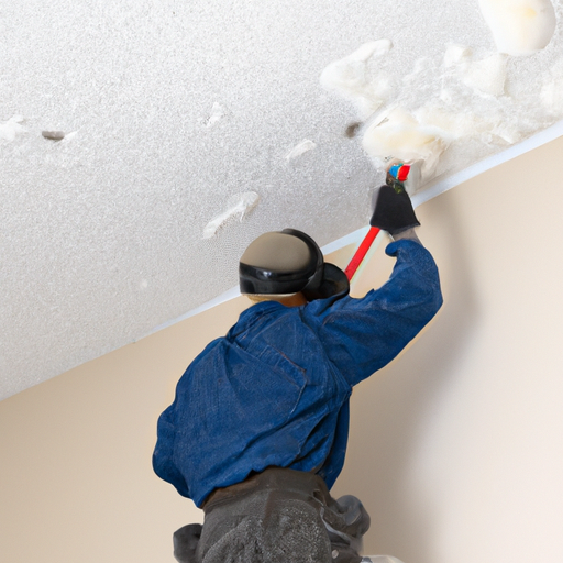 A man in protective gear scrapes popcorn from the ceiling.