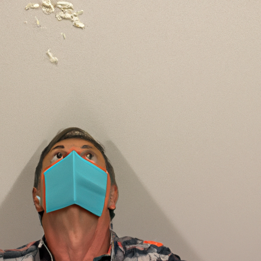 Image of a homeowner wearing a protective mask while repairing a ceiling with popcorn.