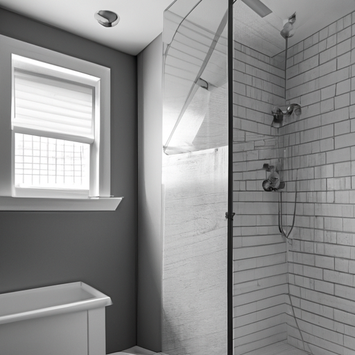 A small bathroom with a corner shower, floating shelves, a light color scheme.