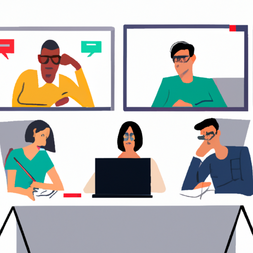 A group of people participate in a video conference, listening intently and discussing important documents on their screens.