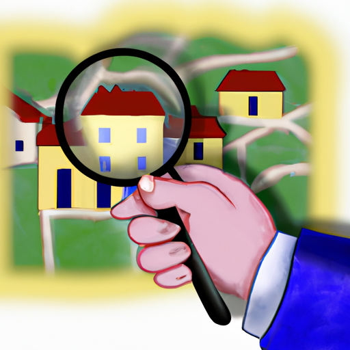An image of a person holding a magnifying glass and looking at a map with houses marked on it represents the research and analysis needed to determine the right price to sell a house.