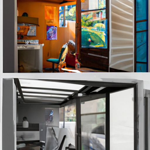 A split-screen image of a compact apartment in New York with smart storage solutions and a house in Los Angeles with a seamless flow between the rooms and the street.