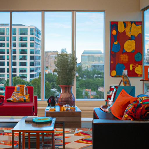 Picture a beautifully decorated living room with bright artwork and bold colors, surrounded by windows that showcase a park, cultural institution and trendy shopping district.