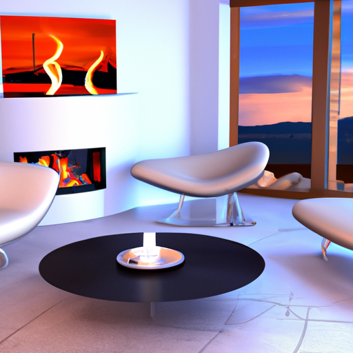 Computer rendering of a modern living room with stylish furniture and decor, a beautiful fireplace and a panoramic view.