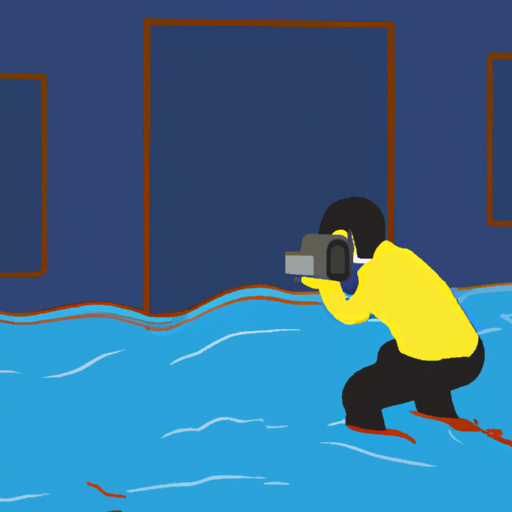 A man in protective gear stands in knee-deep water inside a flooded room and photographs the damage.