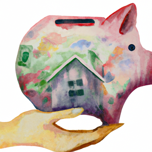 A hand holds a piggy bank in the shape of a house filled with money.