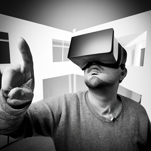 A man wearing virtual reality glasses explores a 3D model of an apartment.