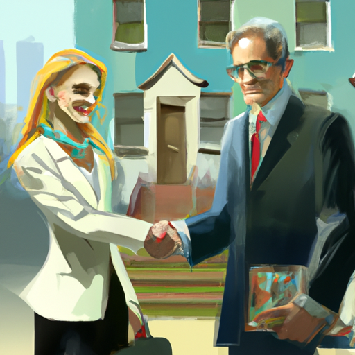 A real estate agent shakes hands with a satisfied seller, symbolizing a successful real estate sale.