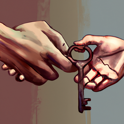 Two hands are shaking, one is holding a key.