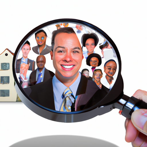 A magnifying glass hovering over a diverse group of real estate brokers, each representing a different specialty or experience.
