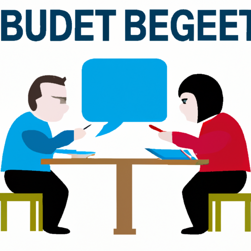 Image of two people sitting at a table discussing their schedules, cleaning habits, and social preferences while holding a budget chart.