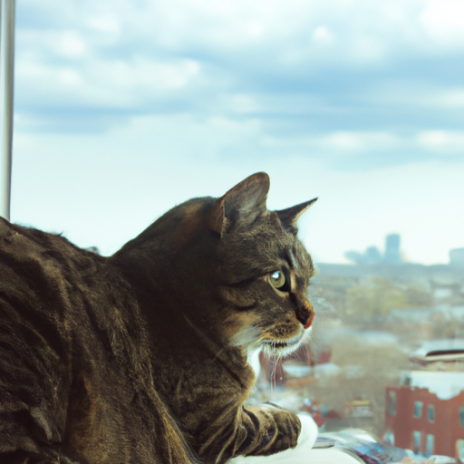 Image of a contented cat resting on a windowsill overlooking a bustling cityscape.