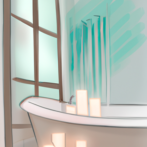 A calm bathroom with pale blue walls, soft lighting and scented candles.
