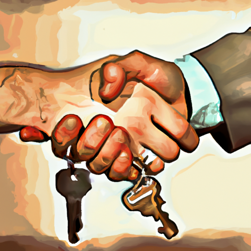 An image of a handshake between two people, one holding a bunch of keys and the other holding a check, symbolizing trust and reliability in subletting.