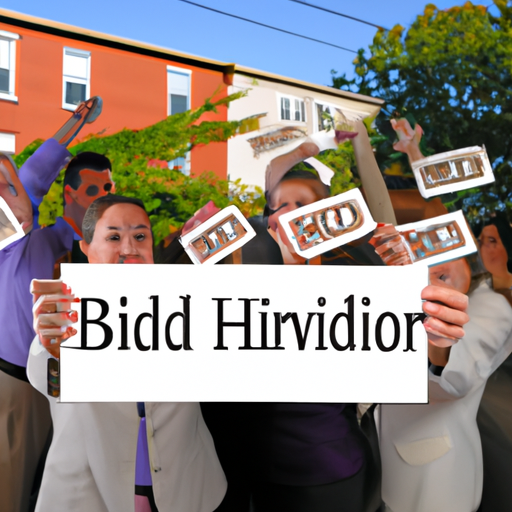 A group of eager home buyers pull up their bid cards.