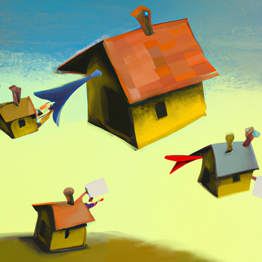 A group of home buyers racing to catch a flying house, symbolizing the need to be quick in making decisions in a seller's market.