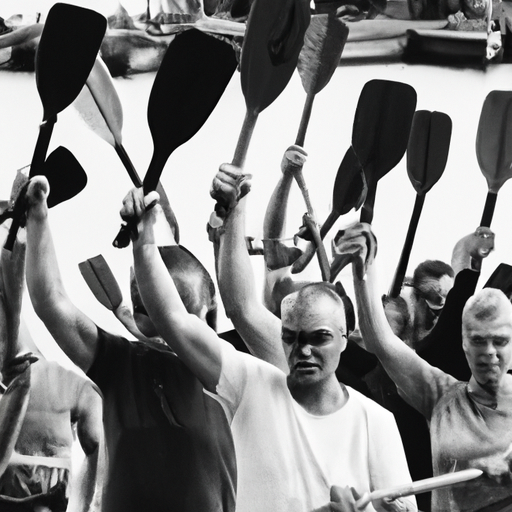 A group of shoppers raise their oars furiously.