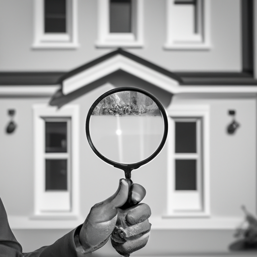 A man holding a magnifying glass inspects a house.