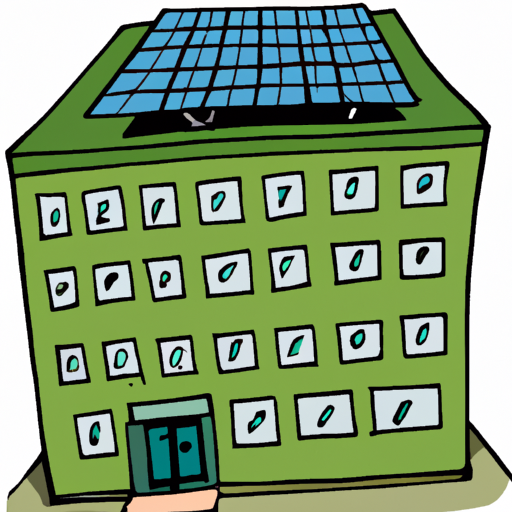 Green building with solar panels.