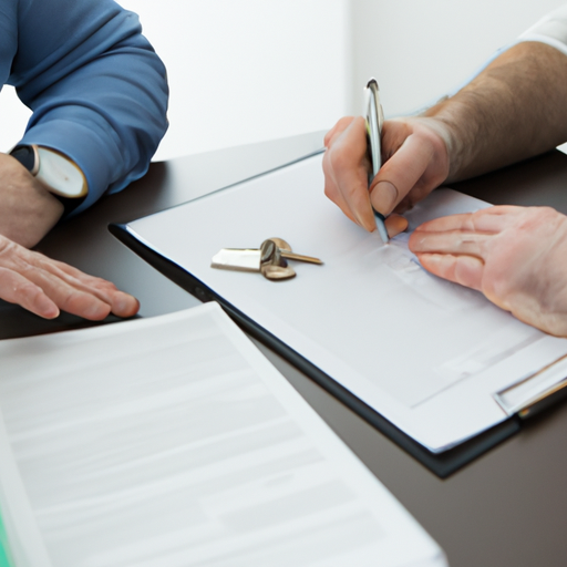 A person signs documents at a closing table with a real estate agent and lawyer, representing the final step in the home buying process.