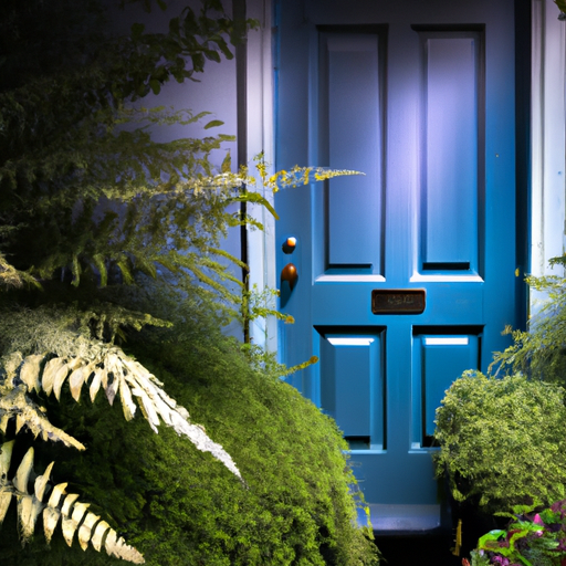 A bright blue front door surrounded by lush green plants and illuminated by soft outdoor lighting.
