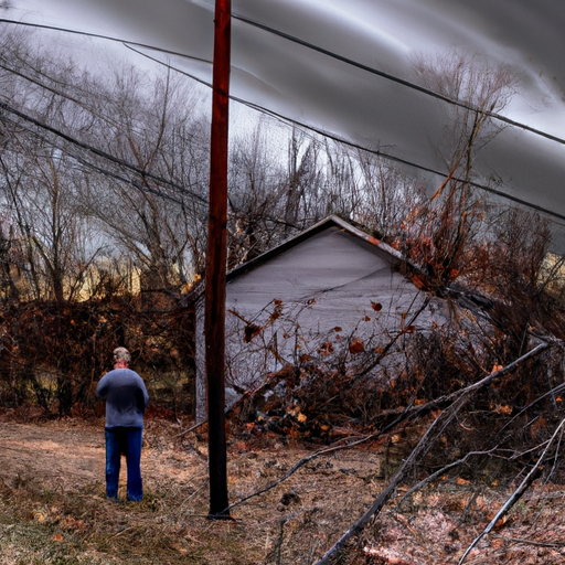 A man standing near a damaged house surrounded by downed trees and power lines against a stormy sky.