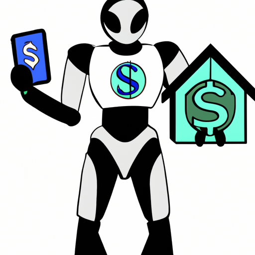 A futuristic robot with a dollar sign on its chest holds a house in one hand and a smartphone in the other.