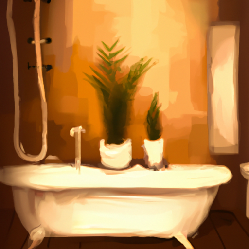 A calm bathroom with soft lighting and potted plants.