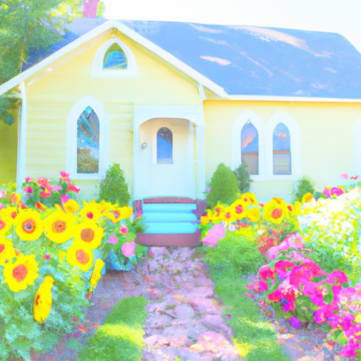A beautiful, freshly painted house with bright flowers in the front yard.
