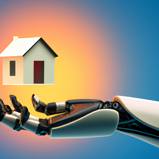 An image of a futuristic robotic hand holding a house, symbolizing iBuyers' technological approach to the real estate market.